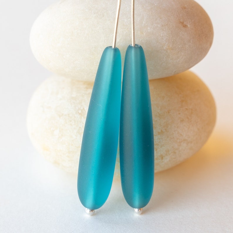 10 Teardrops Cultured Sea Glass Beads Long Drill Teardrop Beads For Jewelry Making TEAL Frosted Beads 38x8mm image 2