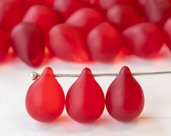 10x14mm Teardrop Beads For Jewelry Making - Large Sea Glass Glass Teardrop - Red Matte - Choose Amount