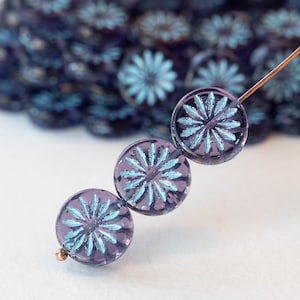 6 - 12mm Czech Glass Coin Beads - Sun Coin - Czech Glass Beads - Transparent Purple Tanzanite with Light Blue Wash - 6 beads