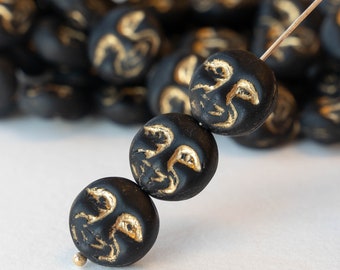 6 - 13mm Moon Face Beads - Man In The Moon Beads - Solstice Beads - Czech Glass Beads - Black Matte with Gold Wash - 6 beads