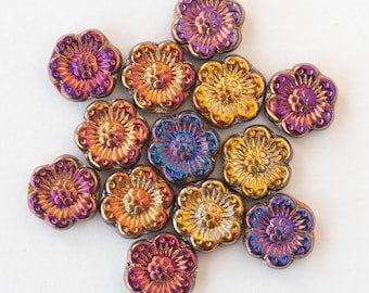 10 - 14mm Anemone Flower Beads -  Metallic Iris - Czech Glass Beads - 10 Beads