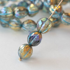 10mm Faceted Melon Beads 10mm Round Beads Czech Glass Beads Transparent Glass with a Gold Luster and a Turquoise Finish 12 Beads image 2