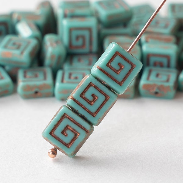 10 - 9mm Glass Tile Beads - Czech Glass Beads -   Opaque Turquoise with Gold Wash - 10 or 30