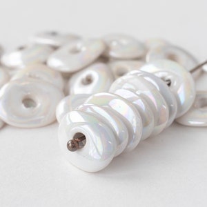 13x18mm Ceramic Oval Washer Beads From Mykonos Greece  - Disk Beads - Iridescent Ivory Opal