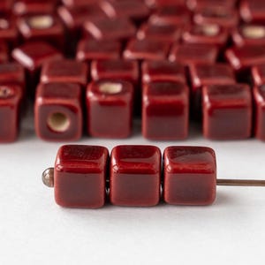 7mm Glazed Ceramic Cube Beads - Red - 10 or 30 beads