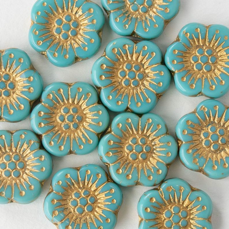 18mm Anemone Beads Czech Flower Beads Jewelry Making Supply 18mm Hawaiian Flower Opaque Turquoise With Gold Decor Choose Amount image 2