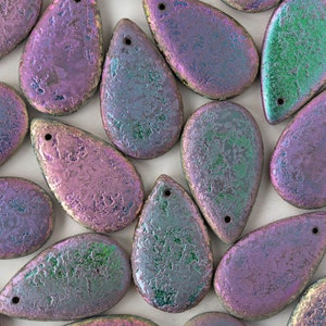 10 - 30 x 18 mm große Flachglas Tropfen Perlen - Böhmische Glasperlen - Etched Iris Mix - 10 Perlen