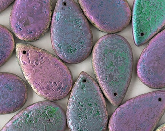 10 - 30x18mm Large Flat Glass Teardrop Beads - Czech Glass Beads - Etched Iris Mix - 10 Beads