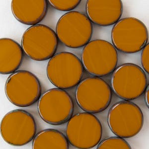 11mm Glass Coin Beads - Table Cut Coins - Czech Glass Beads For Jewelry Making - Ochre with Bronze - 6 or 12 Beads