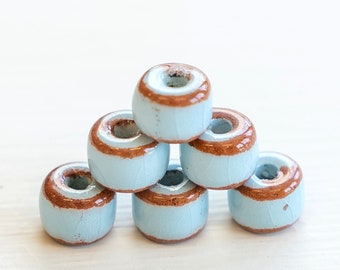 6x8mm Ceramic Short Tube Beads from Mykonos Greece - Large Hole - Beads For Jewelry - Baby Blue with Tera Cotta - Choose Amount