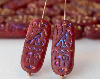 10x25mm Cartouche Beads - Czech Glass Beads - Red Opaline Matte with an Iridescent Purple/Blue Finish- 4 Beads