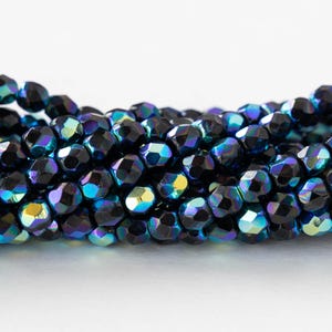 50 - 4mm Round Firepolished Glass Beads - Czech Glass Beads - Black AB - 50 beads