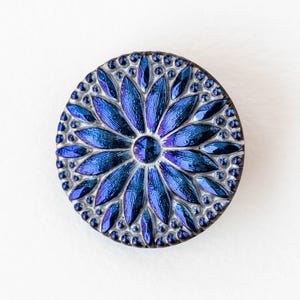 31mm Sunflower Buttons - Czech Glass Buttons - Iridescent Blue and Black - 1 Button