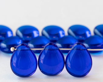 12x16mm Flat Glass Teardrop Beads For Jewelry Making - Smooth Briolette - Czech Glass Beads -  Cobalt Blue - 20 Beads
