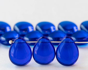 12x16mm Flat Glass Teardrop Beads For Jewelry Making - Smooth Briolette - Czech Glass Beads -  Cobalt Blue - 10 or 20 Beads