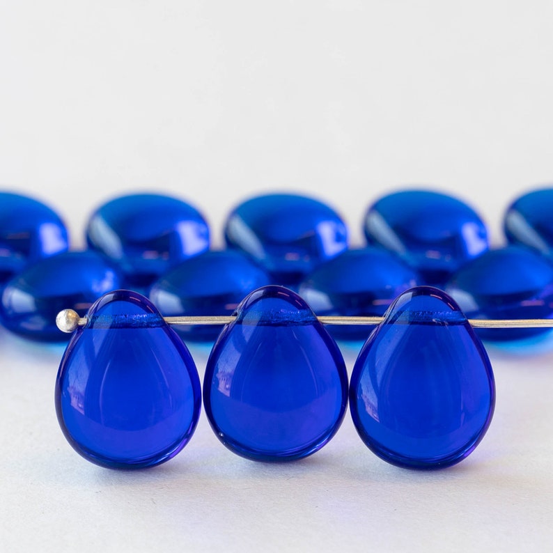 12x16mm Flat Glass Teardrop Beads For Jewelry Making Smooth Briolette Czech Glass Beads Cobalt Blue 20 Beads image 1