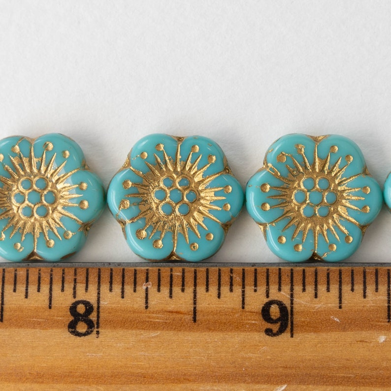 18mm Anemone Beads Czech Flower Beads Jewelry Making Supply 18mm Hawaiian Flower Opaque Turquoise With Gold Decor Choose Amount image 3