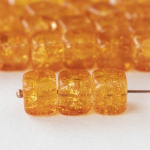 11mm Glass Cube Beads -  Light Amber Crackle - 30 Beads