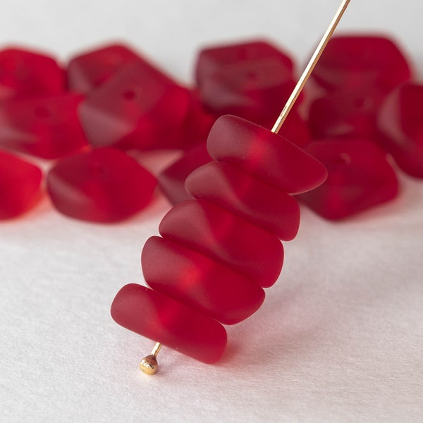Cultured Sea Glass Beads For Jewelry Making - Frosted Glass Bead - Freeform Button Bead - Red (10 beads)