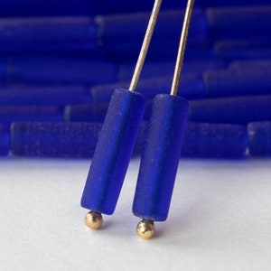 Sea Glass Beads - 14mm Tube Beads - 14x4mm Recycled Seaglass Tube Beads - Jewelry Making Supply -  Transparent Cobalt Blue - Choose Amount