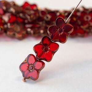 Table Cut Czech Flower Beads - Czech Glass Beads For Jewelry Making - 14x12mm -  Transparent Ruby Red with Copper Wash - 10 beads