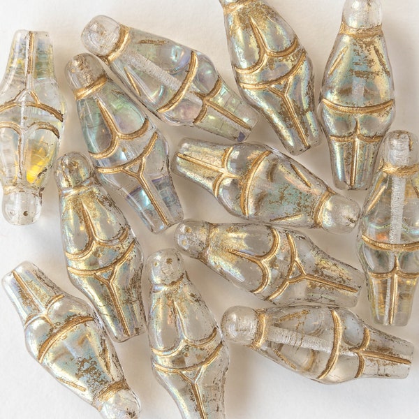 12 - Glass Goddess Beads - Czech Glass Beads For Jewelry Making - Crystal AB with Gold Wash - 12 beads