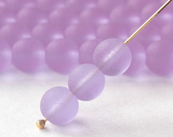 16 Inches - 8mm Round Sea Glass Beads - Frosted Glass Beads - Recycled Glass Beads- Lilac