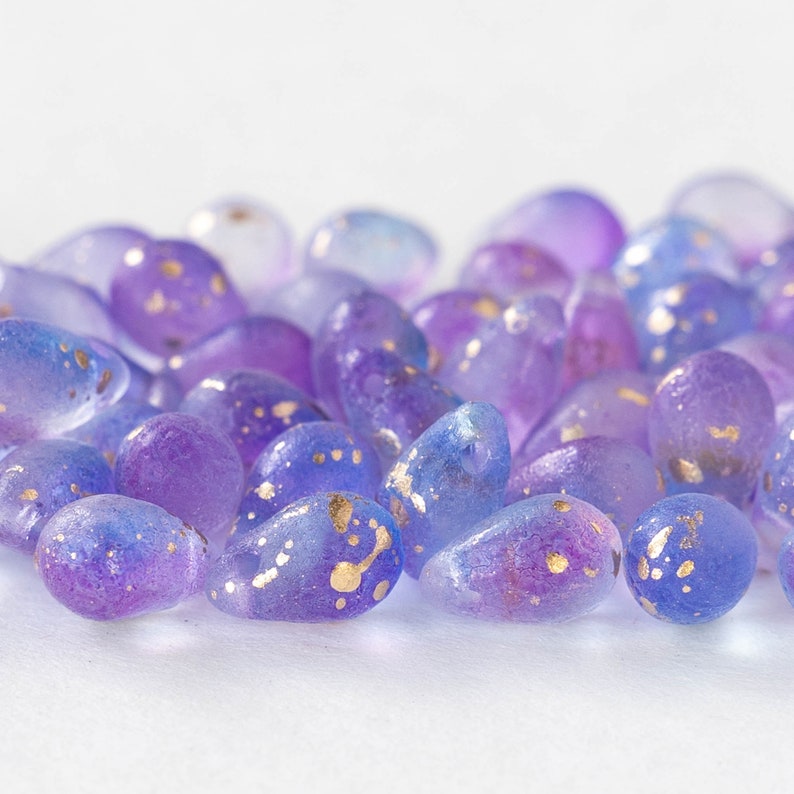 50 6x9mm Teardrop Beads For Jewelry Making Czech Glass Beads Smooth Briolette Matte Lavender Blue Mix with Gold Dust 50 beads image 2