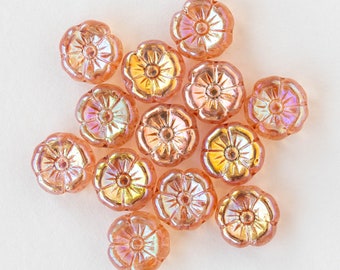9mm Glass Flower Beads - Czech Glass Beads - Peach AB  - 20 beads