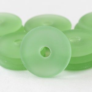 4 - Cultured Sea Glass Donut Beads - Recycled Frosted Glass Beads - 24mm - Peridot Green - 4 donuts