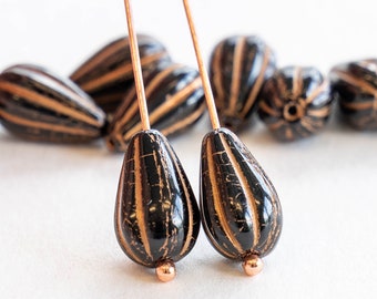 8x13mm Melon Drops - Beads For Jewelry Making - Black with Bronze Wash - Czech Glass Beads - 10 Beads