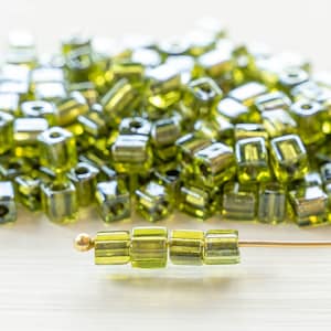 4mm Miyuki Cube Beads For Jewelry Making - Color Lined Cube Beads - Square Beads For Bead Weaving - Olive Lined Chartreuse Cube Beads