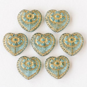 Czech Glass Heart Beads Jewelry Making Supplies Aqua With Gold Inlay 17mm 4 or 10 beads image 5
