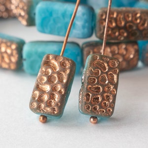 10 - 16mm Flat Rectangle Bead - Czech Glass Beads -  Aqua Blue with Copper Wash- 10 beads