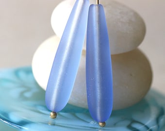 10 Teardrops - 38x8mm Long Teardrops - Cultured Seaglass Beads For Jewelry Making - Frosted Glass Beads - Sapphire Blue Sea Glass Teardrop