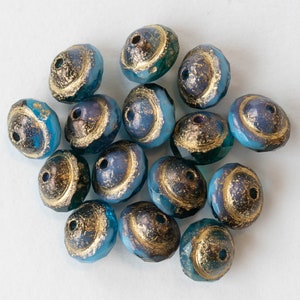8x10mm Saturn Beads Czech Glass Beads Teal ands Sky Blue Etched with Gold 15 Beads image 3