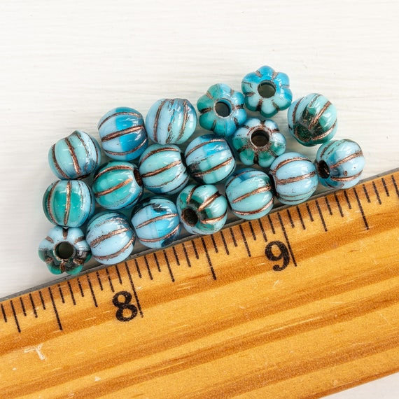 20 8mm Melon Beads 8mm Czech Glass Beads Large Hole Beads for Jewelry Making  2mm Hole Green Blue Mix With Bronze Wash 20 Beads 