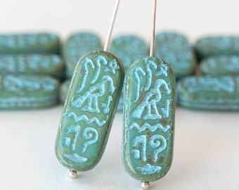 10x25mm Cartouche Beads - Czech Glass Beads - Hieroglyphic - Turquoise with Aqua Wash- 4 Beads