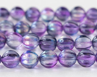10mm Melon Beads - Czech Glass Melon Beads - 10mm Round Beads - Czech Glass Beads - Purple Mix with a Silver Finish - 20 beads