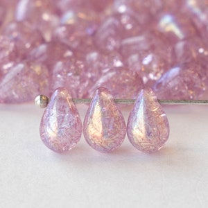 50 - 6x9mm Smooth Glass Teardrop Beads - Czech Glass Tear Drop  - Smooth Briolette Beads - Pink Rose Crackle AB - 50 beads