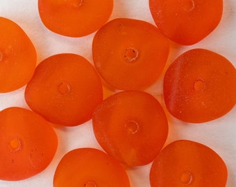 Freeform Rondelle Seaglass Beads - Jewelry Making Supply - Frosted Glass Beads - Beach Glass - 14mm (10 beads) Orange