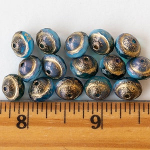 8x10mm Saturn Beads Czech Glass Beads Teal ands Sky Blue Etched with Gold 15 Beads image 4