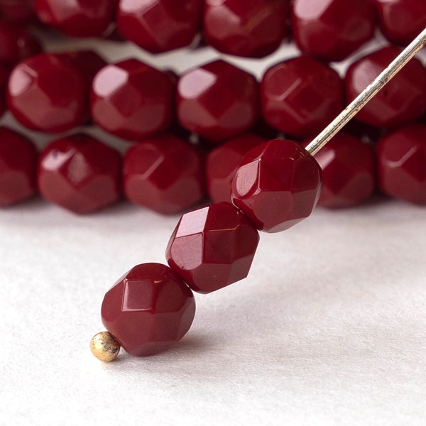 25 - 6mm Round Firepolished Bead - Czech Glass Beads For Jewelry Making - Opaque Red Maroon - 25 Beads