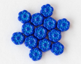 6mm Glass Flower Beads - Czech Glass Beads - Royal Blue with Blue Wash - 30 beads