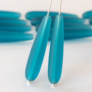 10 Teardrops Cultured Sea Glass Beads Long Drill Teardrop Beads For Jewelry Making TEAL Frosted Beads 38x8mm image 1