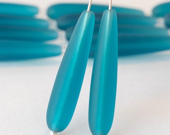 10 Teardrops - Cultured Sea Glass Beads - Long Drill Teardrop Beads For Jewelry Making - TEAL Frosted Beads - 38x8mm