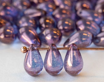50 - 6x9mm Teardrop Beads For Jewelry Making - Smooth Teardrop Beads -  Czech Glass Beads - Amethyst Luster Beads (50 pieces)