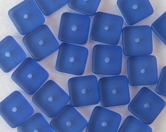 25 Sapphire Blue Cultured Sea Glass Square Disk Beads - Faux Sea glass Beads For Jewelry Making - Frosted Glass Bead - 25 beads