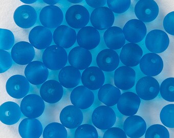 5mm Round Sea Glass Beads For Jewelry Making Supply - Beach Glass Beads - Recycled Glass Beads - Pacific Blue - 16 Inches