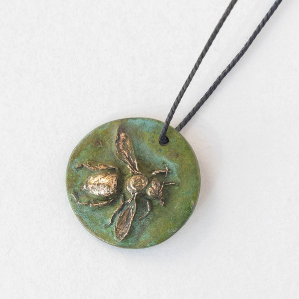 Handmade Honey Bee Pendant - Bronze with Green Patina - 18mm Round Pendant Bead - Jewelry Making Supplies - Verde Gris - Metal Clay Findings